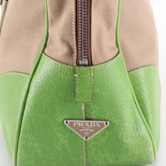 Prada Bowler Bag in Tan Canvas and Green Leather Trim - Picture 3 of 6